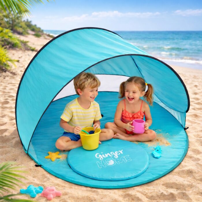 Детска Pop-Up Палатка за Игра GINGER HOME с UV Защита 50+ – Кръгла, Лека и Сгъваема, за Плаж и Градина, 150×150×90 см - Image 4