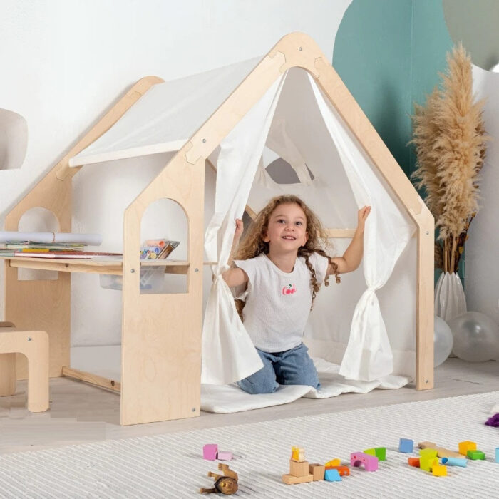 Детска Дървена Къща за Игра 6 в 1 GINGER HOME – Стол, Маса, Черна Дъска, Органайзер, Тента и Мека Подложка - Image 12