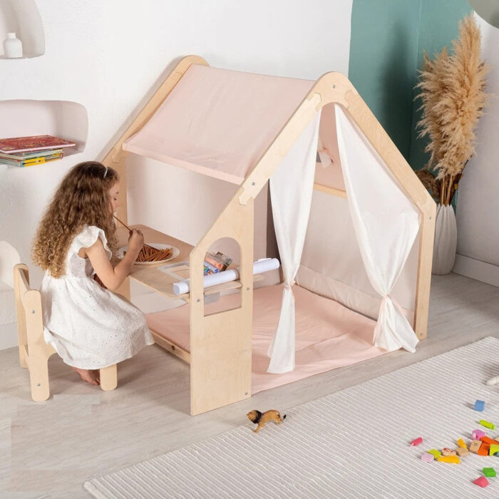 Детска Дървена Къща за Игра 6 в 1 GINGER HOME – Стол, Маса, Черна Дъска, Органайзер, Тента и Мека Подложка - Image 14