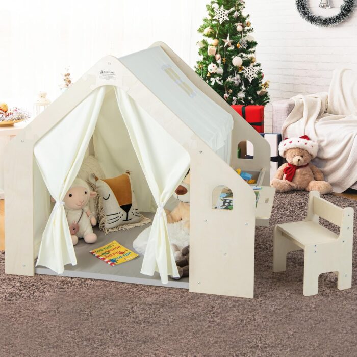 Детска Дървена Къща за Игра 6 в 1 GINGER HOME – Стол, Маса, Черна Дъска, Органайзер, Тента и Мека Подложка - Image 17