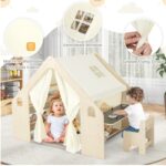 Детска Дървена Къща за Игра 6 в 1 GINGER HOME – Стол, Маса, Черна Дъска, Органайзер, Тента и Мека Подложка - Image 3