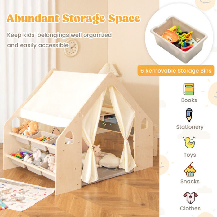 Детска Дървена Къща за Игра 6 в 1 GINGER HOME – Стол, Маса, Черна Дъска, Органайзер, Тента и Мека Подложка - Image 4