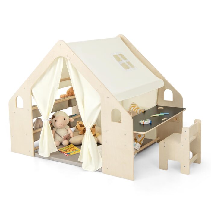 Детска Дървена Къща за Игра 6 в 1 GINGER HOME – Стол, Маса, Черна Дъска, Органайзер, Тента и Мека Подложка - Image 1