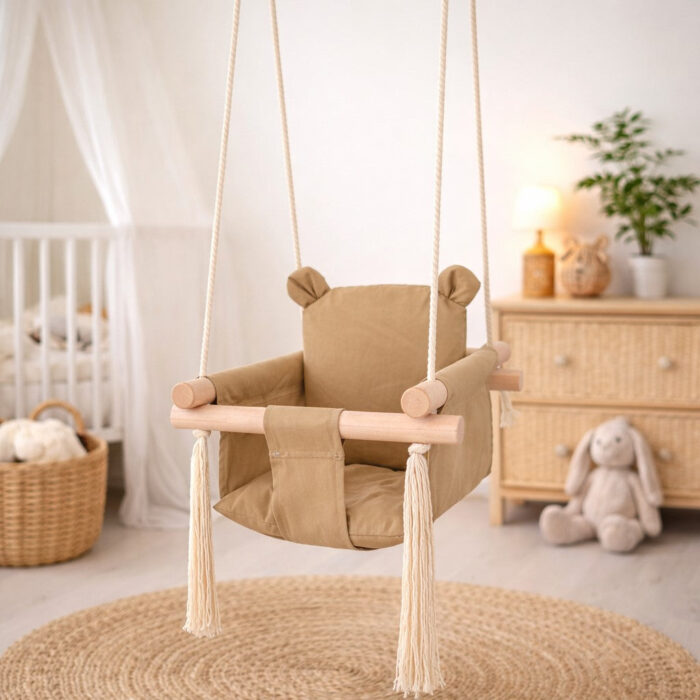 Детска Дървена Люлка Мече GINGER HOME – Мека Памучна Седалка, до 30 кг, 28×28×196 см - Image 7