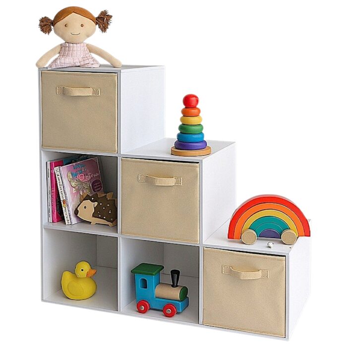 Детска Етажерка, Органайзер за Играчки, GINGER HOME с 6 Отделения и Текстилни Кутии, Бяла, Монтесори Мебел - Image 11