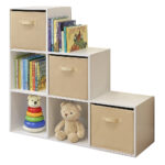 Детска Етажерка, Органайзер за Играчки, GINGER HOME с 6 Отделения и Текстилни Кутии, Бяла, Монтесори Мебел