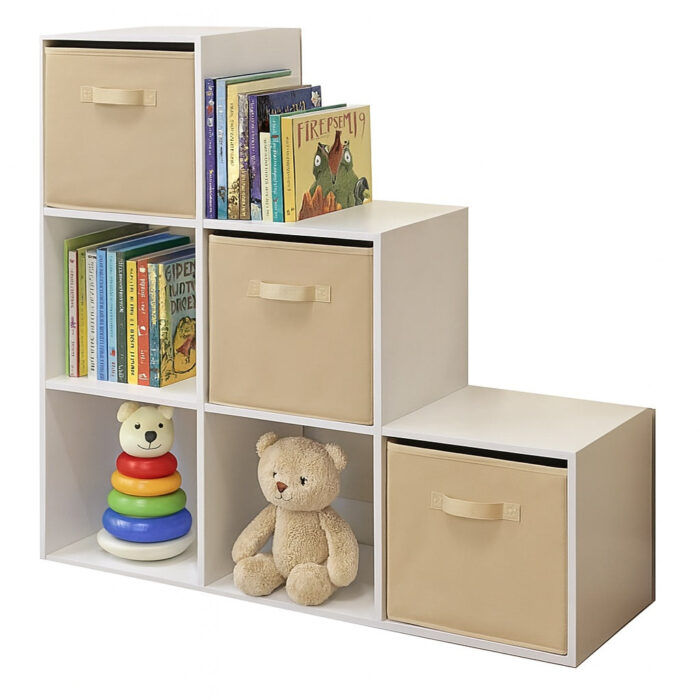 Детска Етажерка, Органайзер за Играчки, GINGER HOME с 6 Отделения и Текстилни Кутии, Бяла, Монтесори Мебел - Image 1