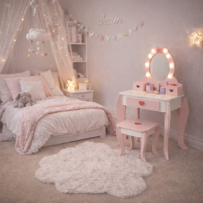 Детска Дървена Тоалетка с Огледало и Светлини GINGER HOME, Розова, 92 см - Image 6