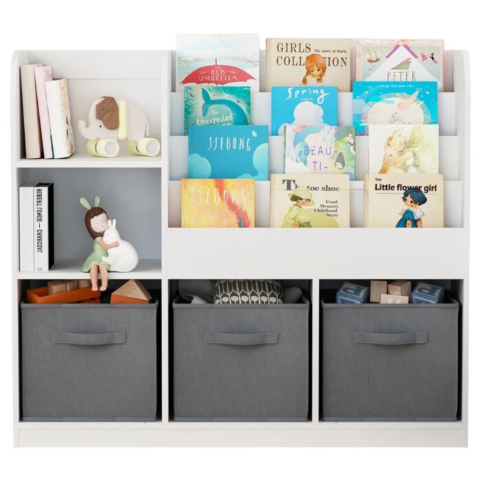Детски Органайзер GINGER HOME, Етажерка с Рафтове за Играчки и Книги, 3 Текстилни Кутии, Дървен, Бял, 92x30x80 см, Монтесори - Image 13