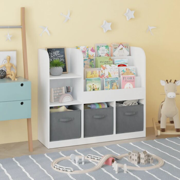 Детски Органайзер GINGER HOME, Етажерка с Рафтове за Играчки и Книги, 3 Текстилни Кутии, Дървен, Бял, 92x30x80 см, Монтесори - Image 15