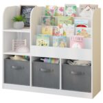 Детски Органайзер GINGER HOME, Етажерка с Рафтове за Играчки и Книги, 3 Текстилни Кутии, Дървен, Бял, 92x30x80 см, Монтесори - Image 16