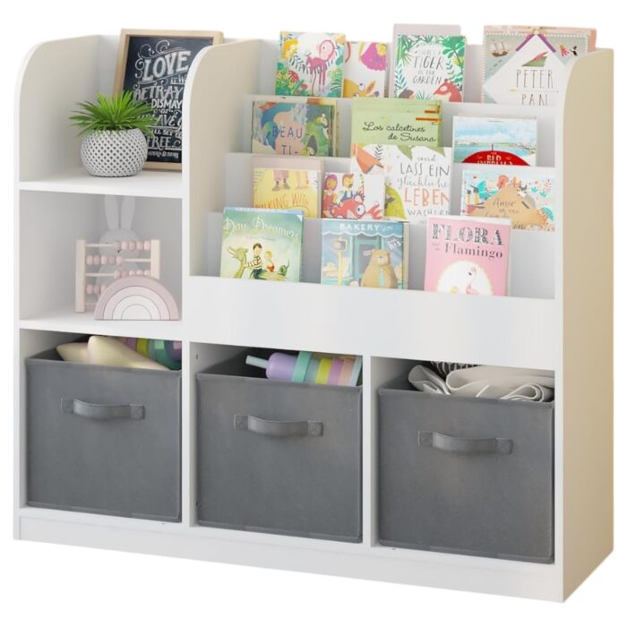 Детски Органайзер GINGER HOME, Етажерка с Рафтове за Играчки и Книги, 3 Текстилни Кутии, Дървен, Бял, 92x30x80 см, Монтесори - Image 16