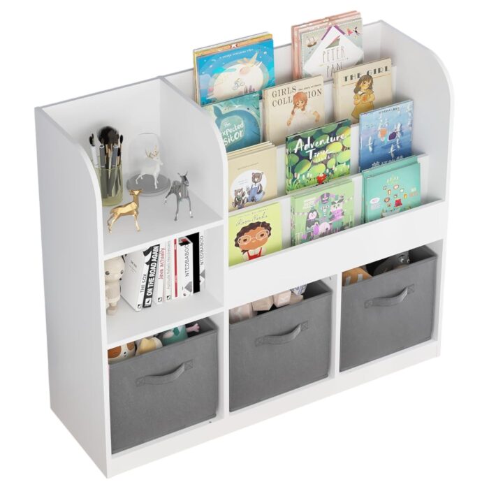 Детски Органайзер GINGER HOME, Етажерка с Рафтове за Играчки и Книги, 3 Текстилни Кутии, Дървен, Бял, 92x30x80 см, Монтесори - Image 17