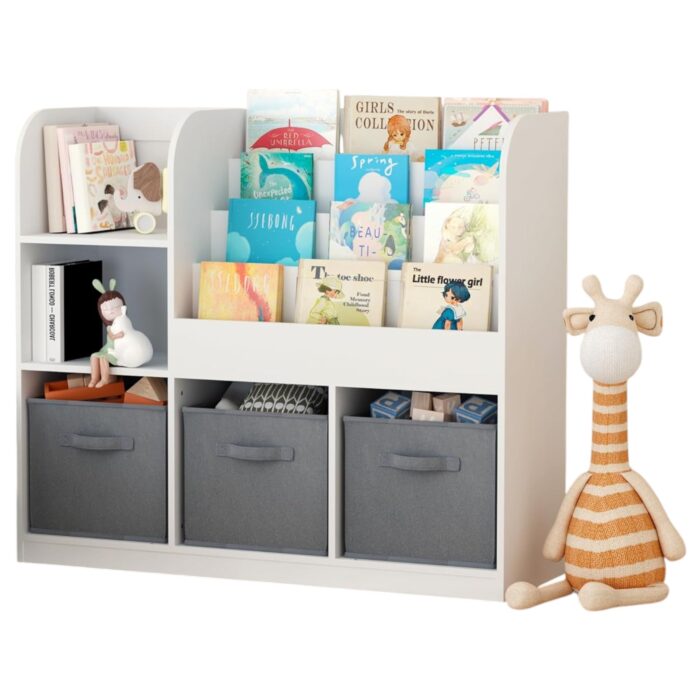 Детски Органайзер GINGER HOME, Етажерка с Рафтове за Играчки и Книги, 3 Текстилни Кутии, Дървен, Бял, 92x30x80 см, Монтесори - Image 18