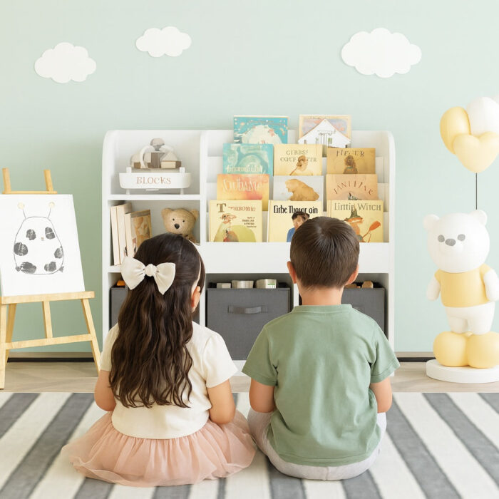Детски Органайзер GINGER HOME, Етажерка с Рафтове за Играчки и Книги, 3 Текстилни Кутии, Дървен, Бял, 92x30x80 см, Монтесори - Image 19