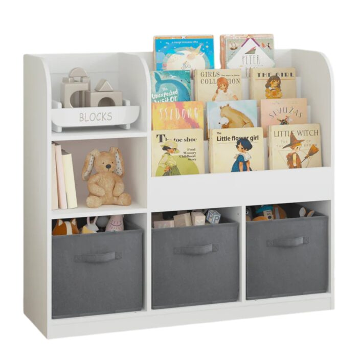 Детски Органайзер GINGER HOME, Етажерка с Рафтове за Играчки и Книги, 3 Текстилни Кутии, Дървен, Бял, 92x30x80 см, Монтесори - Image 3