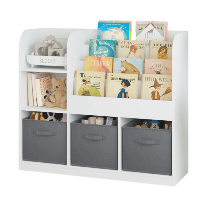 Детски Органайзер GINGER HOME, Етажерка с Рафтове за Играчки и Книги, 3 Текстилни Кутии, Дървен, Бял, 92x30x80 см, Монтесори - Image 1