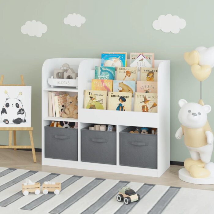 Детски Органайзер GINGER HOME, Етажерка с Рафтове за Играчки и Книги, 3 Текстилни Кутии, Дървен, Бял, 92x30x80 см, Монтесори - Image 10