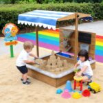 Детски Дървен Пясъчник GINGER HOME с Регулируем Покрив и Аксесоари – Пясъчна Мелница, Писта за Колички, 103x114x110 см - Image 10