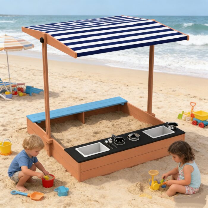 Детски Дървен Пясъчник 3в1 с Кухня, Пейка и Сенник с UV Защита GINGER HOME – Игра на Открито (110x114x110 см) - Image 10