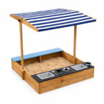Детски Дървен Пясъчник 3в1 с Кухня, Пейка и Сенник с UV Защита GINGER HOME – Игра на Открито (110x114x110 см)
