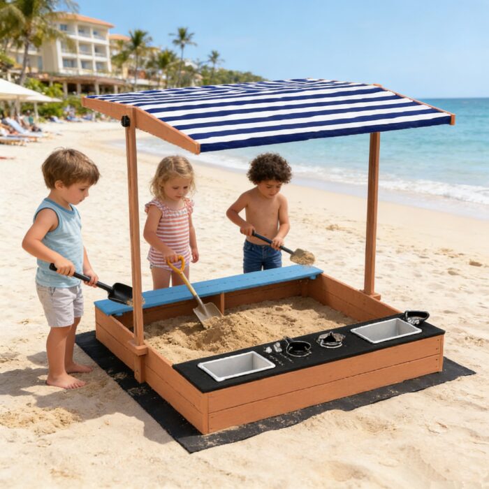 Детски Дървен Пясъчник 3в1 с Кухня, Пейка и Сенник с UV Защита GINGER HOME – Игра на Открито (110x114x110 см) - Image 7