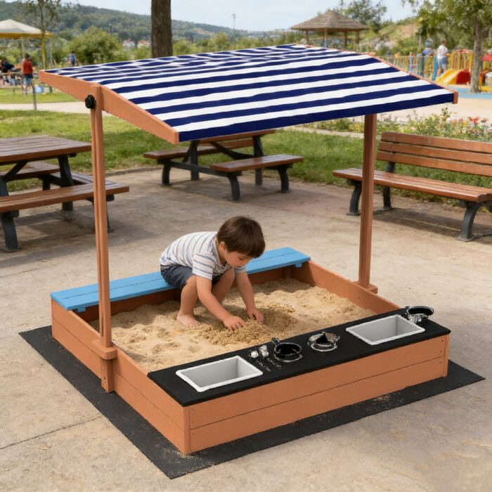Детски Дървен Пясъчник 3в1 с Кухня, Пейка и Сенник с UV Защита GINGER HOME – Игра на Открито (110x114x110 см) - Image 8