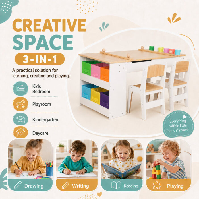 Детска Дървена Маса 3 в 1 GINGER HOME с 2 Столчета, Дъска за Рисуване, Органайзер и Ролка за Хартия, 109x60x55 см - Image 12