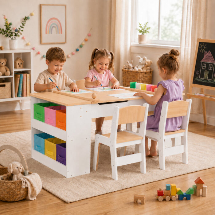 Детска Дървена Маса 3 в 1 GINGER HOME с 2 Столчета, Дъска за Рисуване, Органайзер и Ролка за Хартия, 109x60x55 см - Image 9
