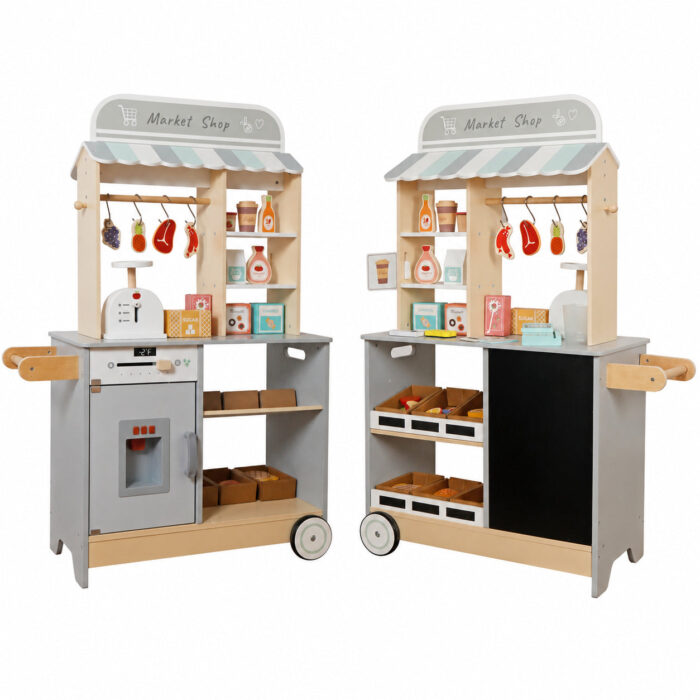 Детски Дървен Магазин GINGER HOME 2 в 1, Кухня, Щанд, Рафтове, Черна Дъска и Аксесоари, 60/73x29.5x105 см - Image 1