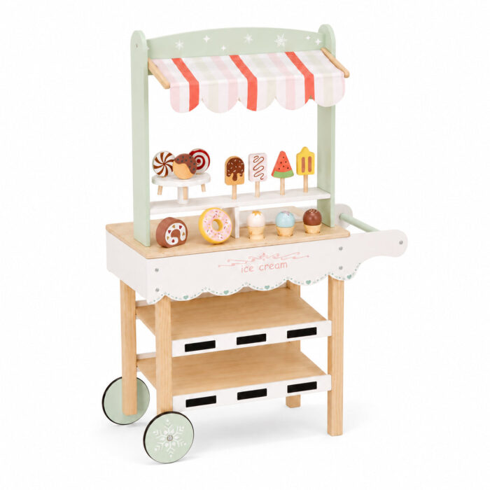 Детски Дървен Щанд за Сладолед GINGER HOME, Магазинче на Колела, MDF, 44/57x28x95.5 см, Монтесори Игра - Image 1