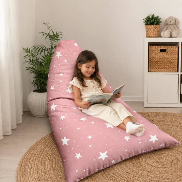 Детски Пуф Лежанка GINGER HOME Little Stars, 100% Памук, Розов Барбарон със Звезди, 127x81x76 см - Image 4