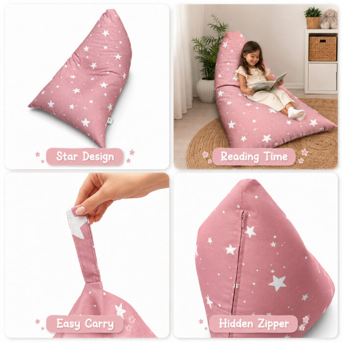 Детски Пуф Лежанка GINGER HOME Little Stars, 100% Памук, Розов Барбарон със Звезди, 127x81x76 см - Image 5