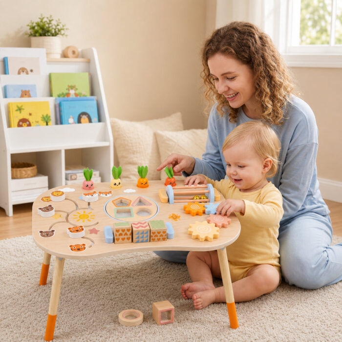 Детска Активна Маса GINGER HOME, Монтесори Център за игра 6 в 1, Масивно Дърво, 46x30.5x43.5 см - Image 9