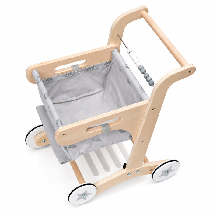 Детска Дървена Проходилка GINGER HOME, Количка за Пазаруване с Кош, Играчка за Бутане, Монтесори, 52 см - Image 4