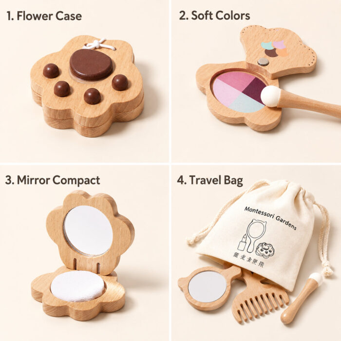 Детски Дървен Козметичен Комплект GINGER HOME, Гримове за Ролева Игра, Чантичка, Монтесори - Image 8