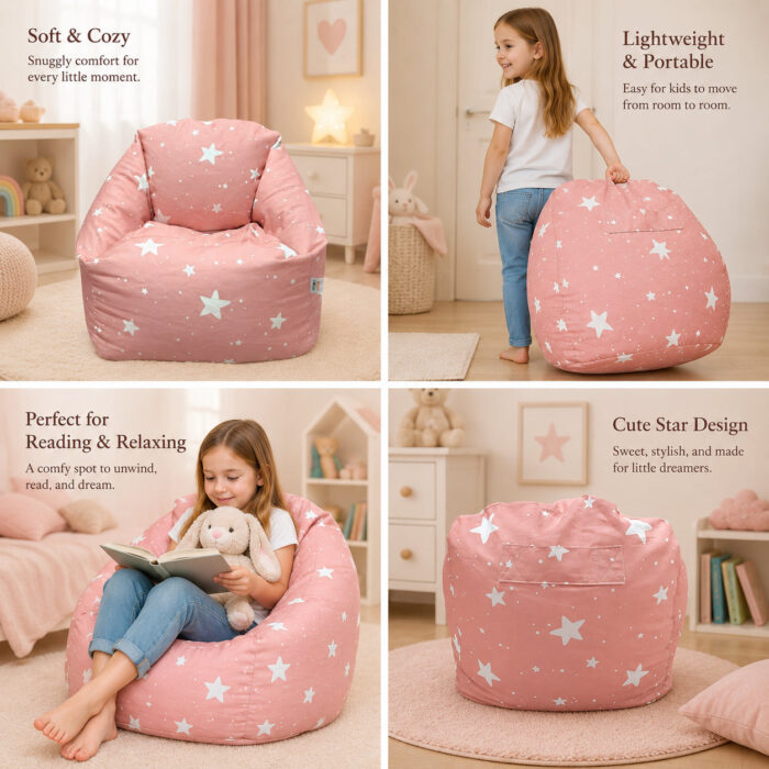 Детски пуф кресло GINGER HOME Little Stars – Розов барбарон със звезди - Image 5
