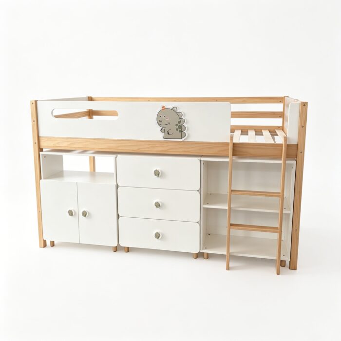 Детско Комбинирано Легло GINGER HOME DINO с Етажерка, Шкаф, Скрин и Подматрачна Рамка, 90x200 см - Image 4
