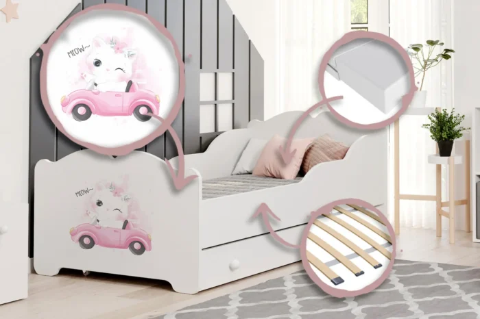Детско легло ANNA с принт и чекмедже (140 х 70 см, car with kitten) - Image 3