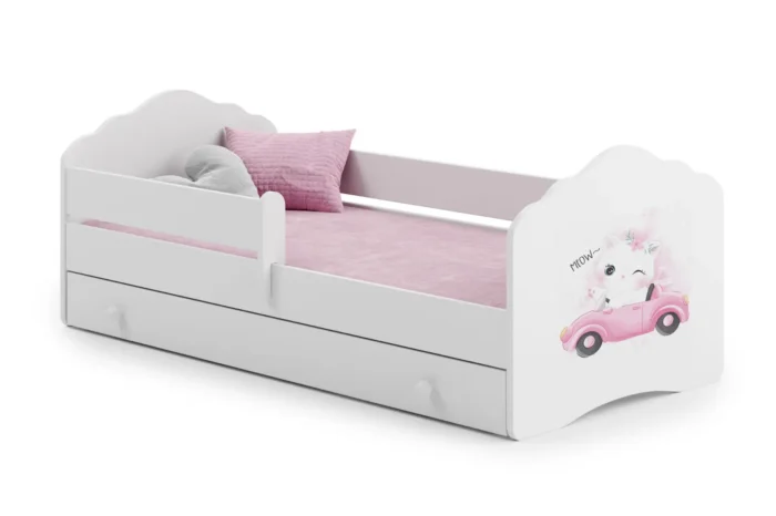 Детско легло FALA с парапет и чекмедже с различни мотиви (160 х 80 см, cat with car) - Image 1